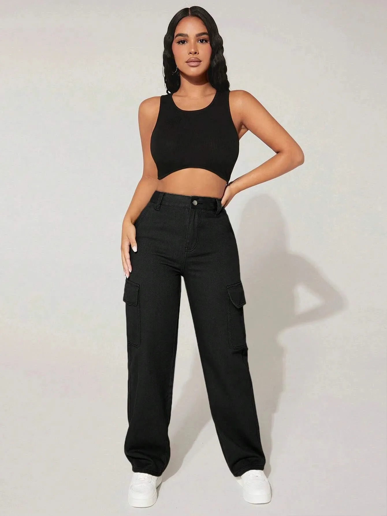 High Waist Denim Cargo Pants