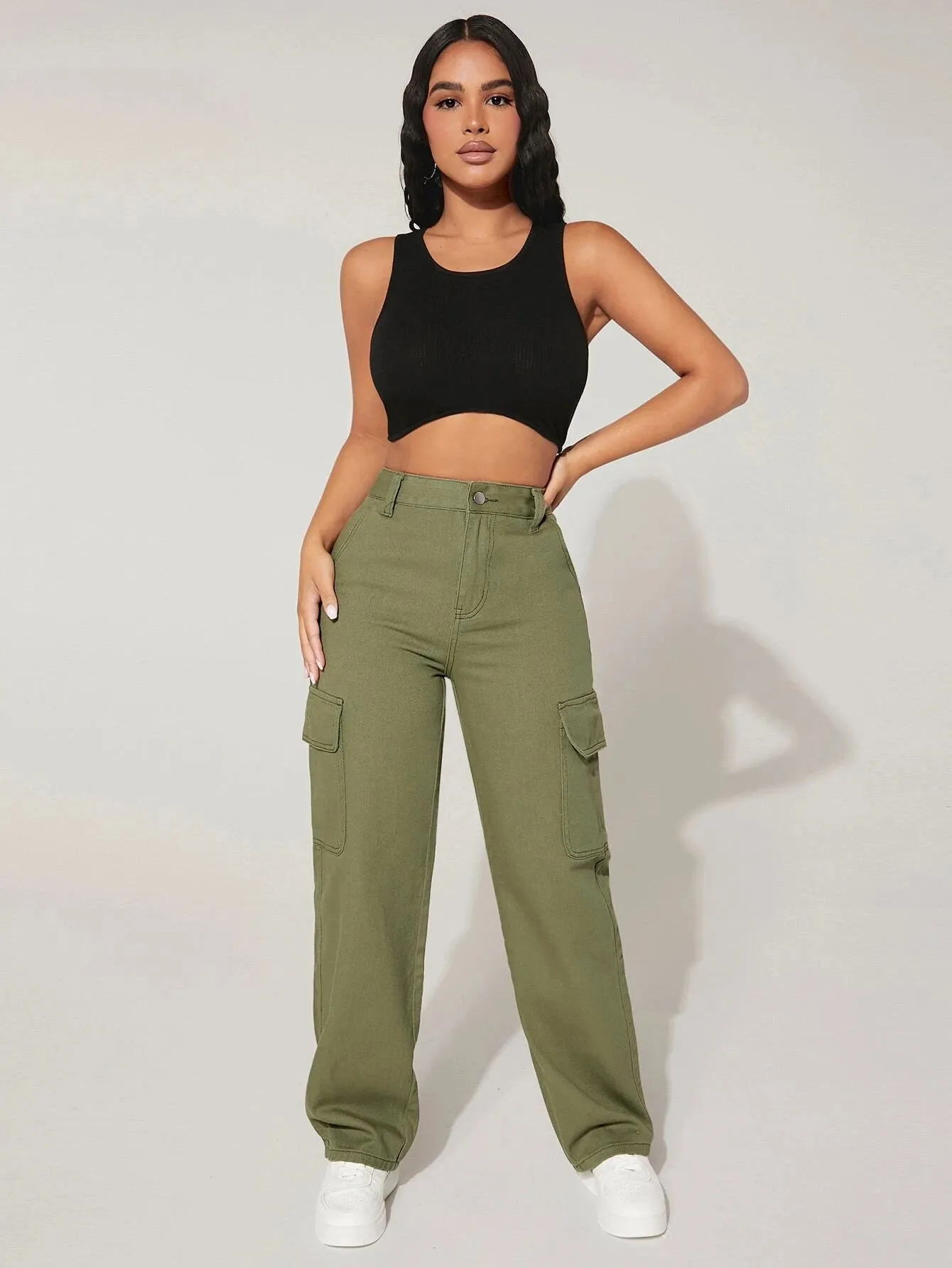 High Waist Denim Cargo Pants