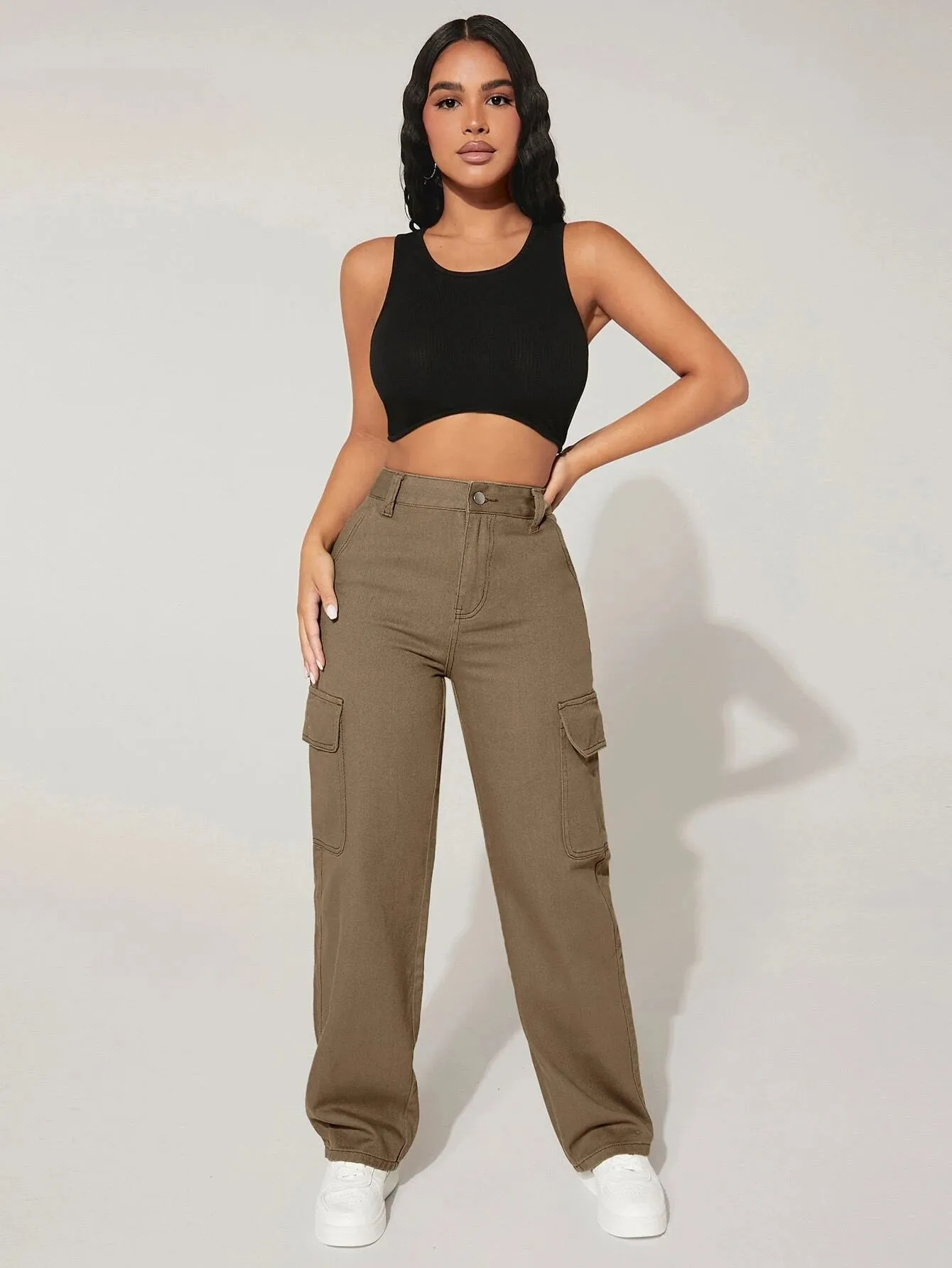 High Waist Denim Cargo Pants