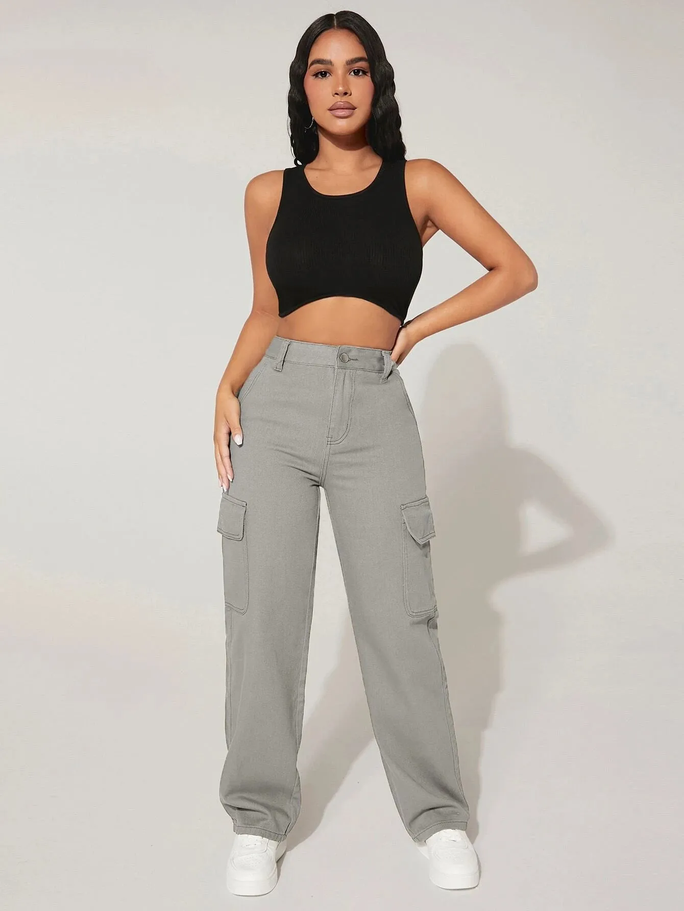 High Waist Denim Cargo Pants