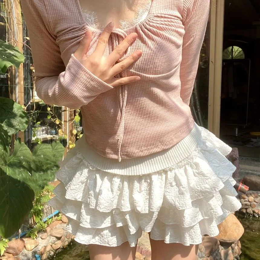 High Waist Plain Mini Tiered Skort