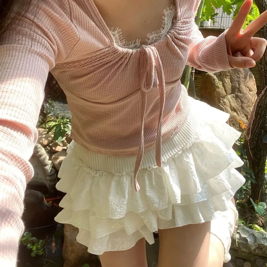 High Waist Plain Mini Tiered Skort