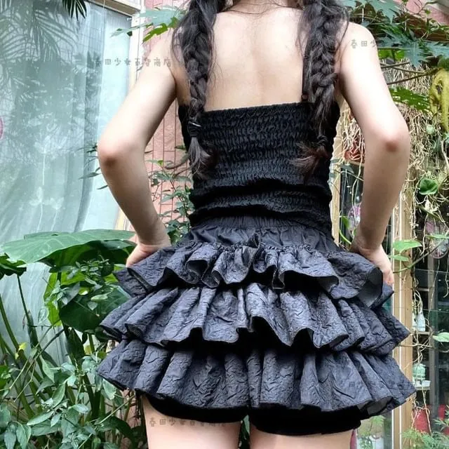 High Waist Plain Mini Tiered Skort