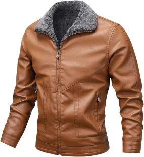 JEsilunmaMY Men's Fur Collar Winter Leather Jacket Full Zip Fleece Lined Lapel Sherpa Coat Slim Fit Casual Bomber Outwear