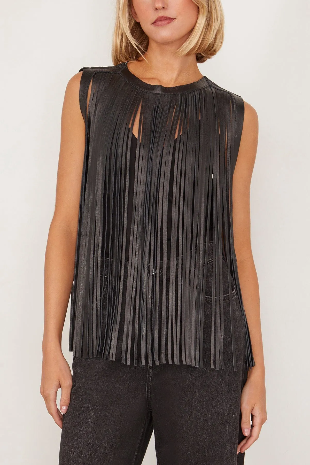 Leather Fringe Top in Black