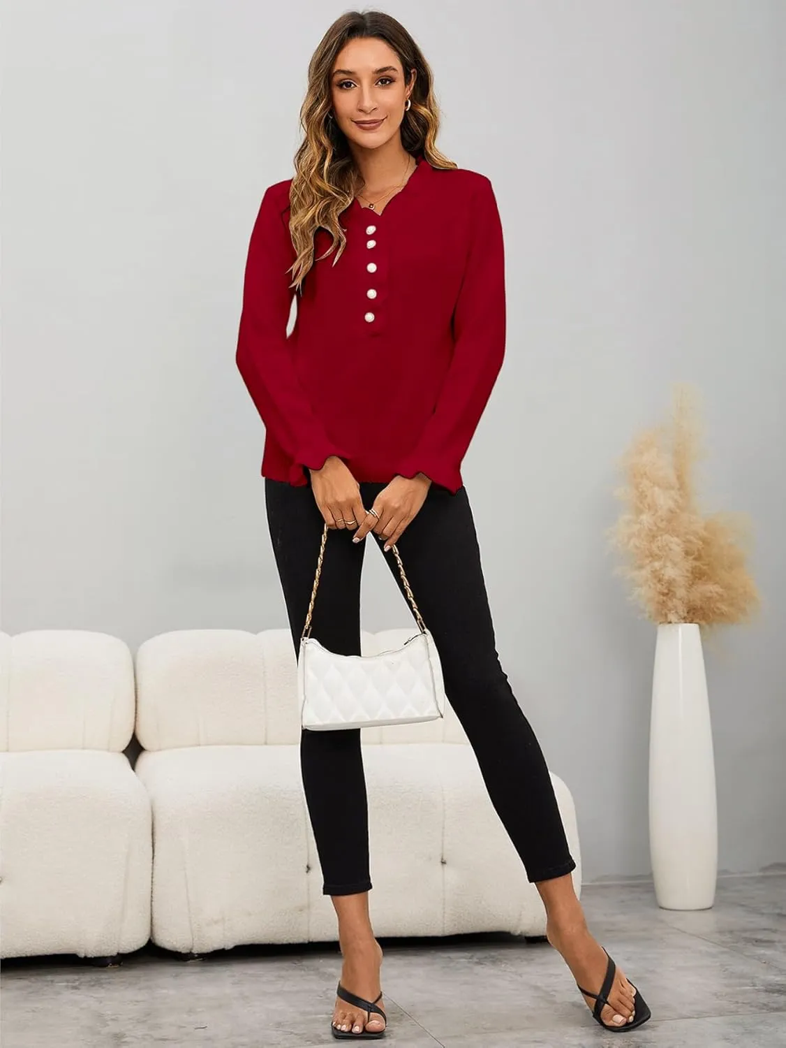 MakeMeChic Women's Pearl Beaded Long Sleeve Sweater V Neck Ruffle Trim Knitted Pullover Tops