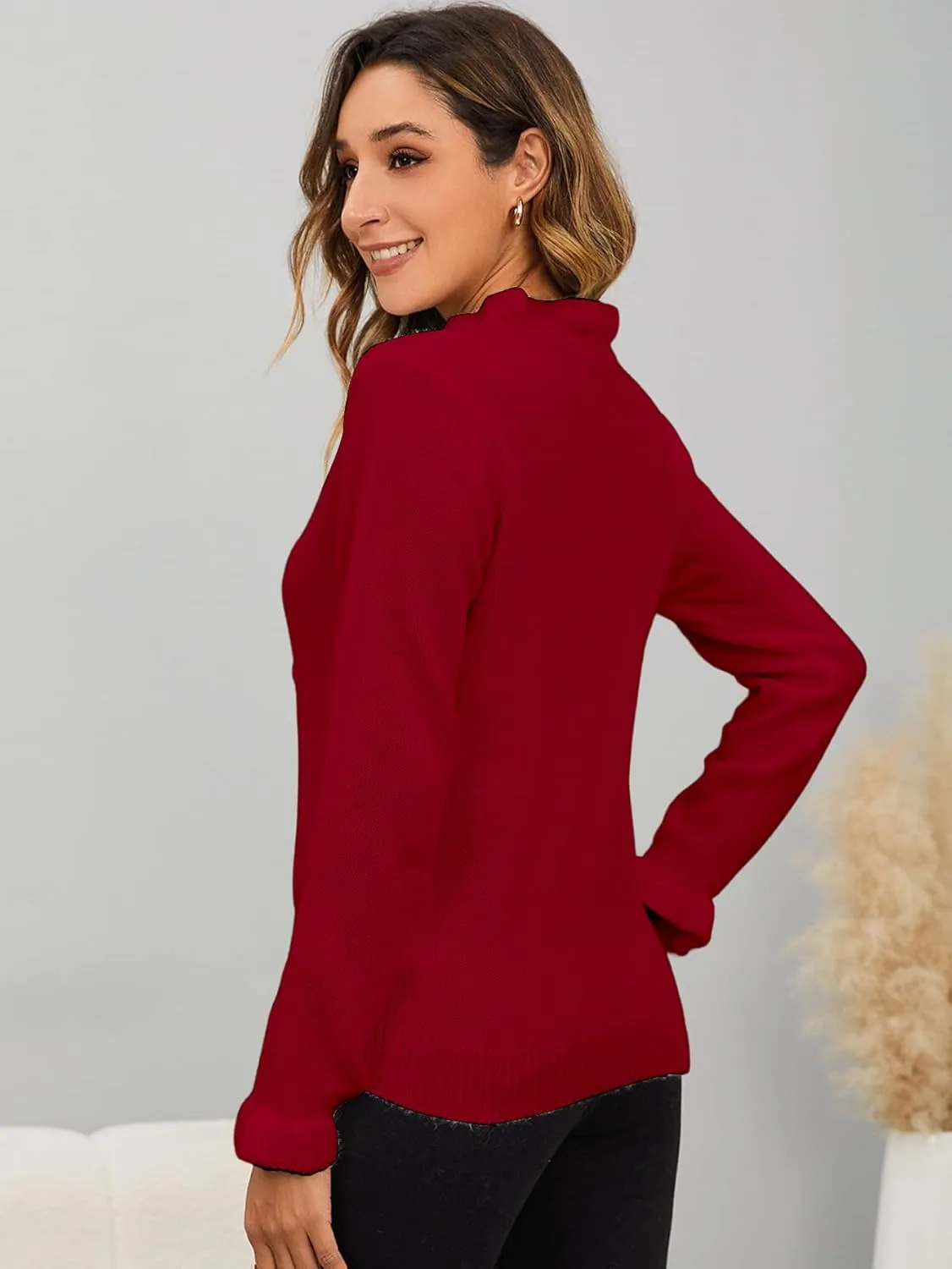 MakeMeChic Women's Pearl Beaded Long Sleeve Sweater V Neck Ruffle Trim Knitted Pullover Tops