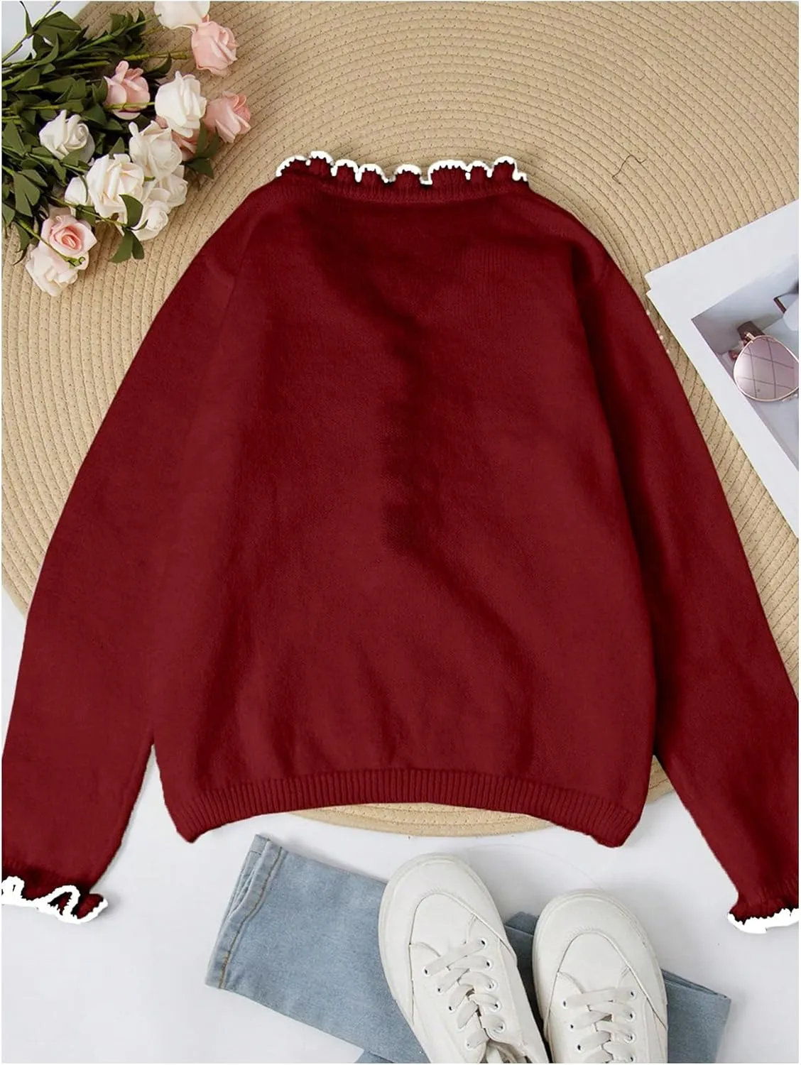 MakeMeChic Women's Pearl Beaded Long Sleeve Sweater V Neck Ruffle Trim Knitted Pullover Tops