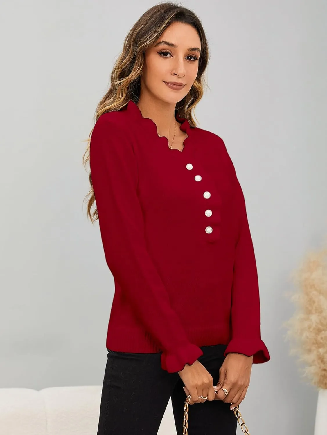 MakeMeChic Women's Pearl Beaded Long Sleeve Sweater V Neck Ruffle Trim Knitted Pullover Tops