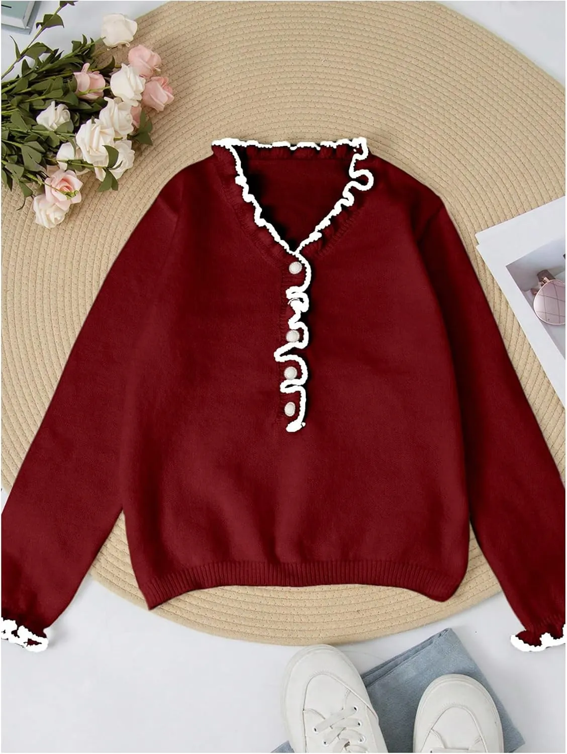 MakeMeChic Women's Pearl Beaded Long Sleeve Sweater V Neck Ruffle Trim Knitted Pullover Tops