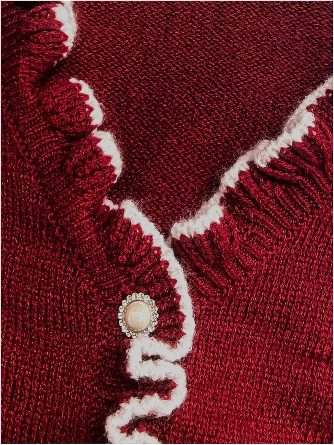 MakeMeChic Women's Pearl Beaded Long Sleeve Sweater V Neck Ruffle Trim Knitted Pullover Tops