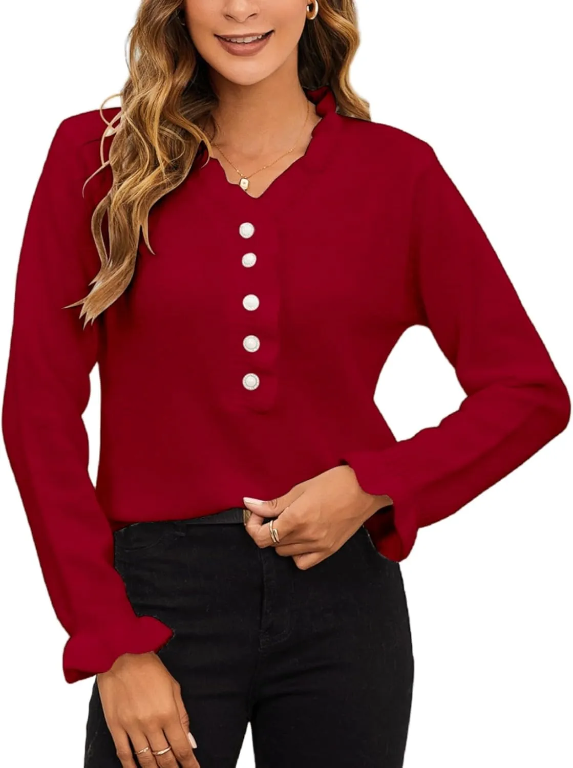 MakeMeChic Women's Pearl Beaded Long Sleeve Sweater V Neck Ruffle Trim Knitted Pullover Tops