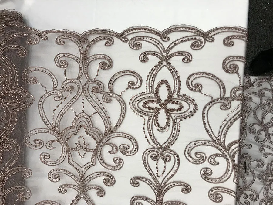 Mauve Embroidery Designed Beaded Mesh Lace Fabric Bridal Wedding Dresses