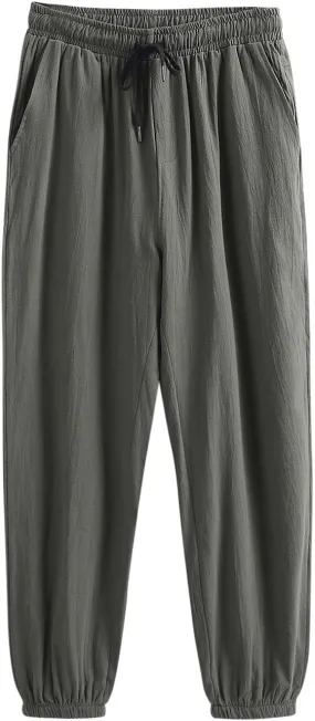 Mens Cotton Linen Pants Plus Size Loose Fit Comfy Exercise Jogger Pant Casual Solid Elastic Waist Drawstring Trouser