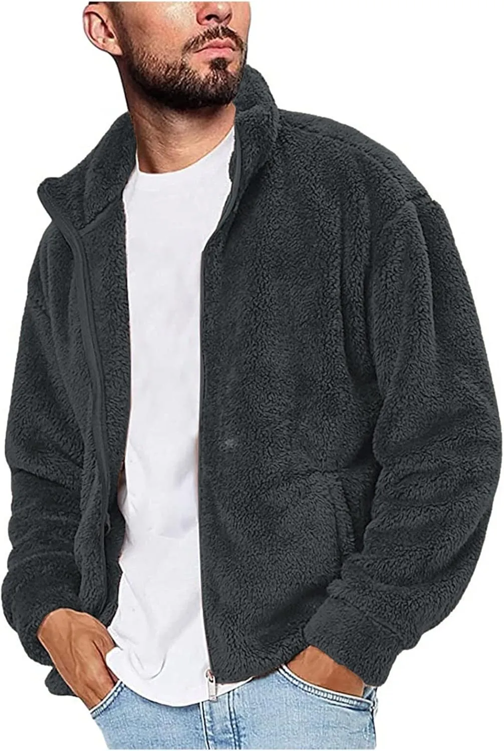 Mens Fuzzy Sherpa Pullover Hoodie Sweatshirts Long Sleeve Fluffy Fleece Zip up Cardigan Coats Winter Sweatshirt