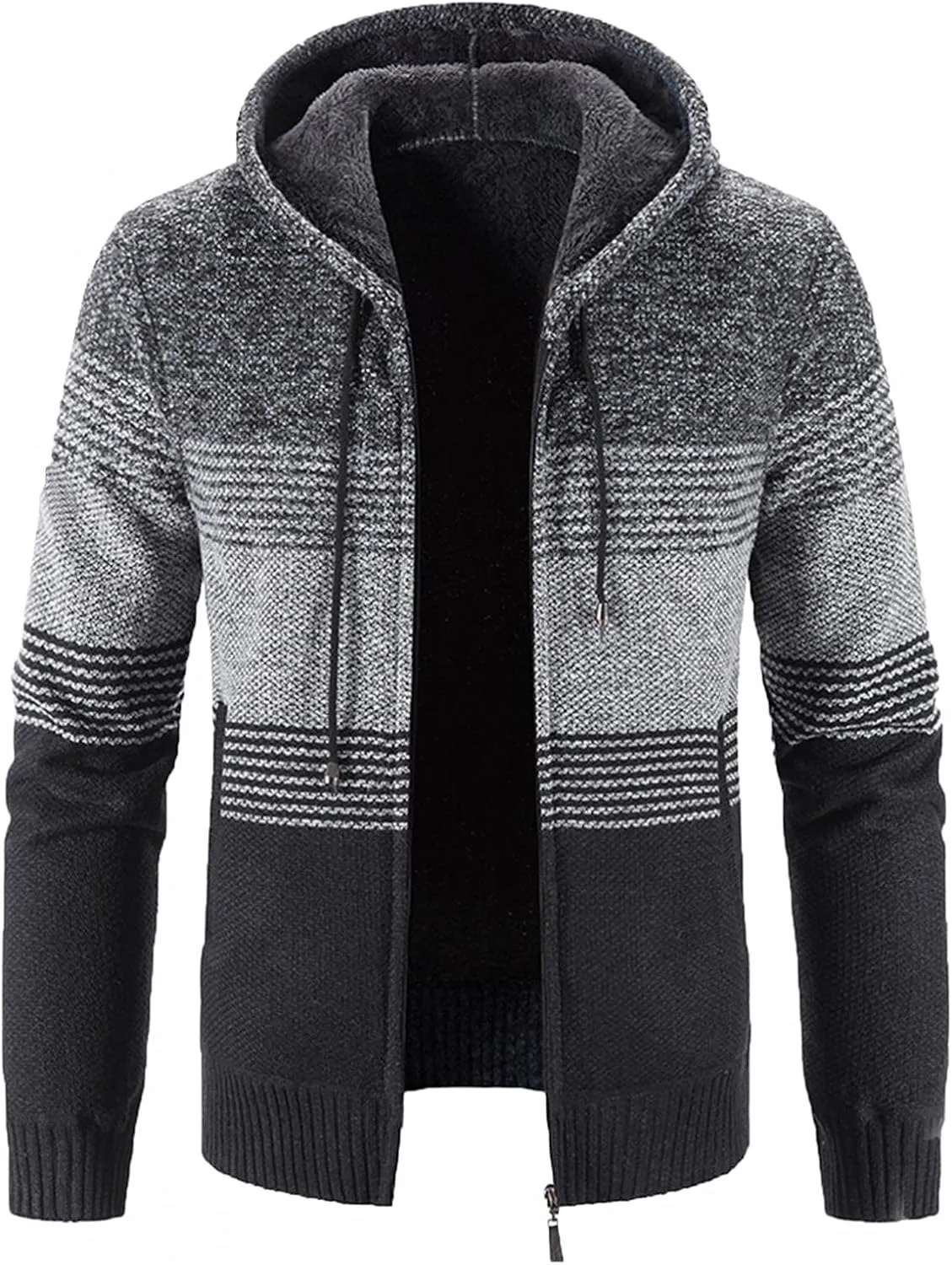 Mens Heavy Warm Sherpa Fleece Lined Stripe Hoodie Jackets Zip Up Thick Cable Knitted Cardigan Sweater Coats