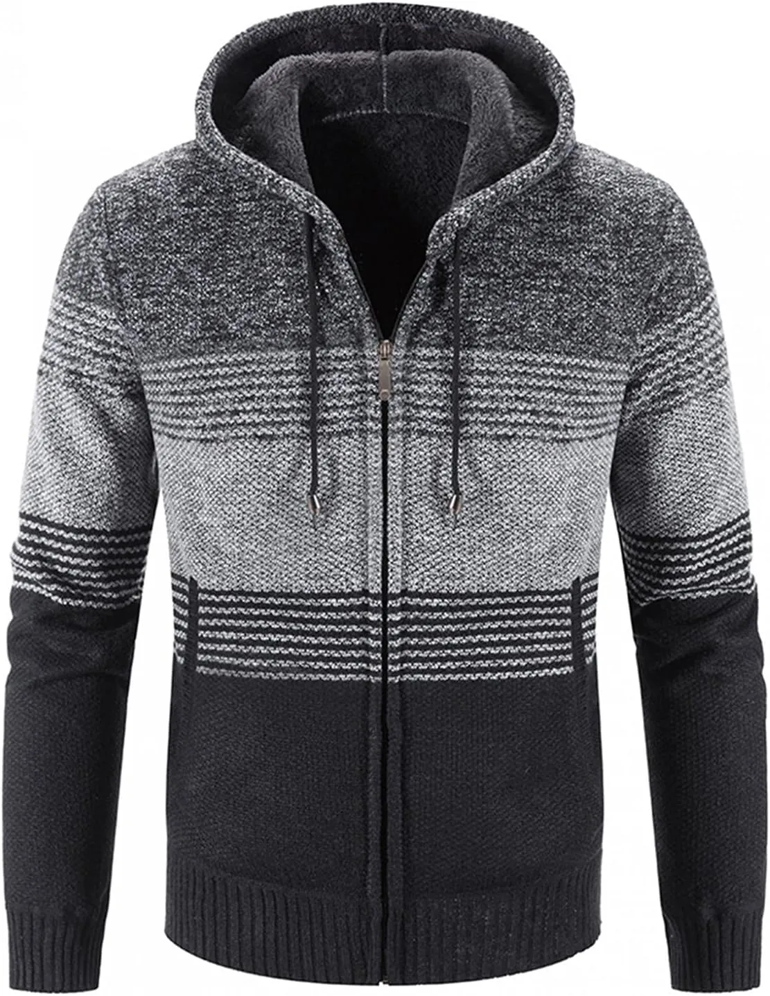 Mens Heavy Warm Sherpa Fleece Lined Stripe Hoodie Jackets Zip Up Thick Cable Knitted Cardigan Sweater Coats