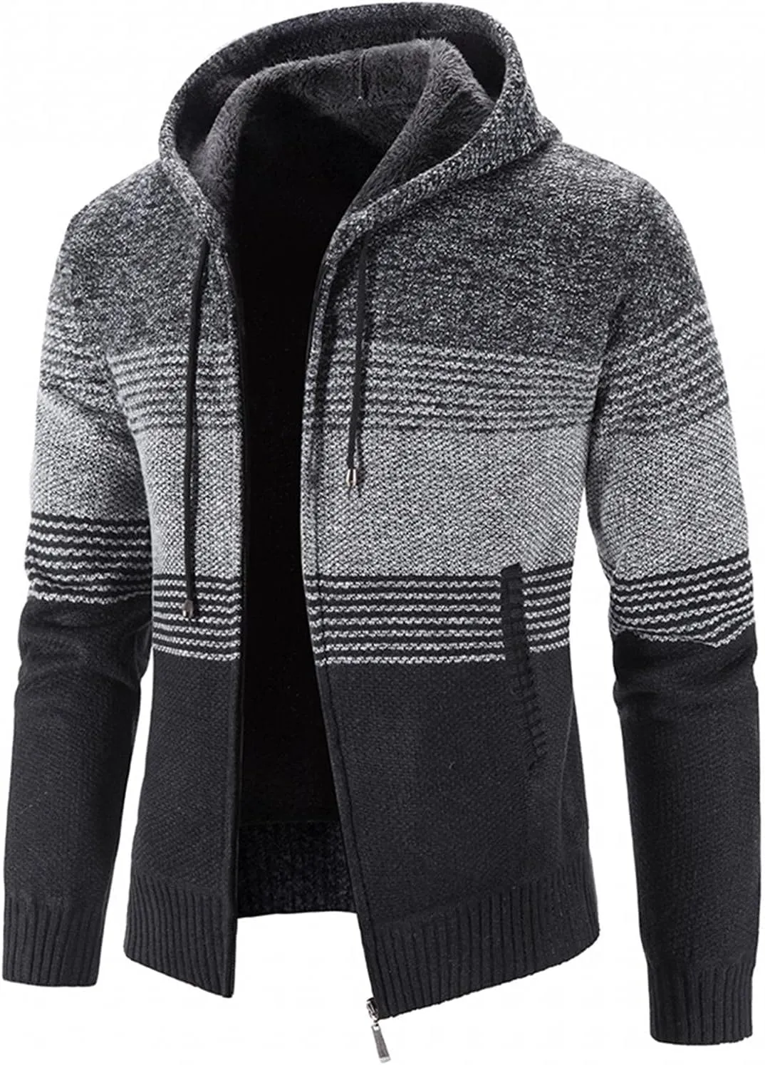 Mens Heavy Warm Sherpa Fleece Lined Stripe Hoodie Jackets Zip Up Thick Cable Knitted Cardigan Sweater Coats