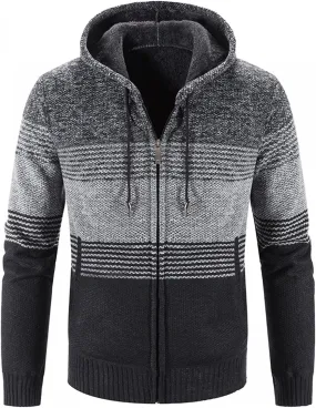 Mens Heavy Warm Sherpa Fleece Lined Stripe Hoodie Jackets Zip Up Thick Cable Knitted Cardigan Sweater Coats