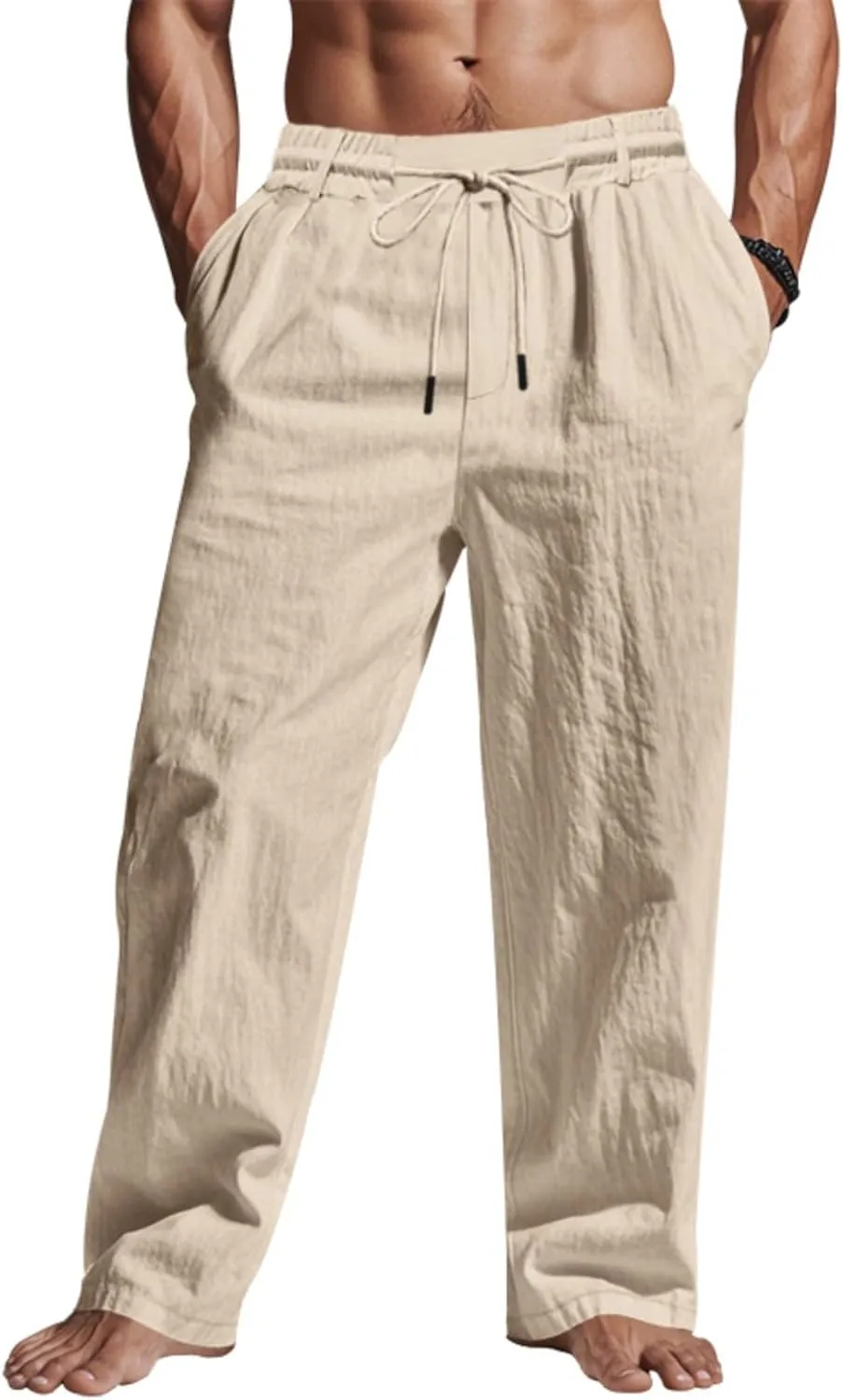 Mens Linen Pants Solid Color Elastic Waist Drawstring Baggy Trousers Summer Casual Beach Vacation Pant with Pockets