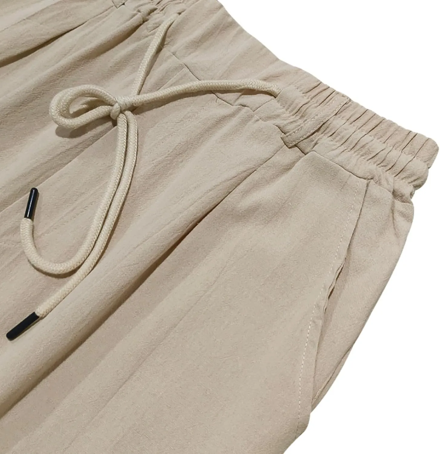 Mens Linen Pants Solid Color Elastic Waist Drawstring Baggy Trousers Summer Casual Beach Vacation Pant with Pockets