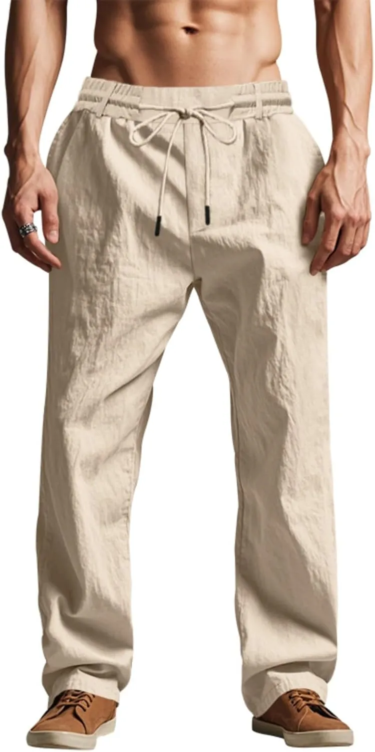 Mens Linen Pants Solid Color Elastic Waist Drawstring Baggy Trousers Summer Casual Beach Vacation Pant with Pockets