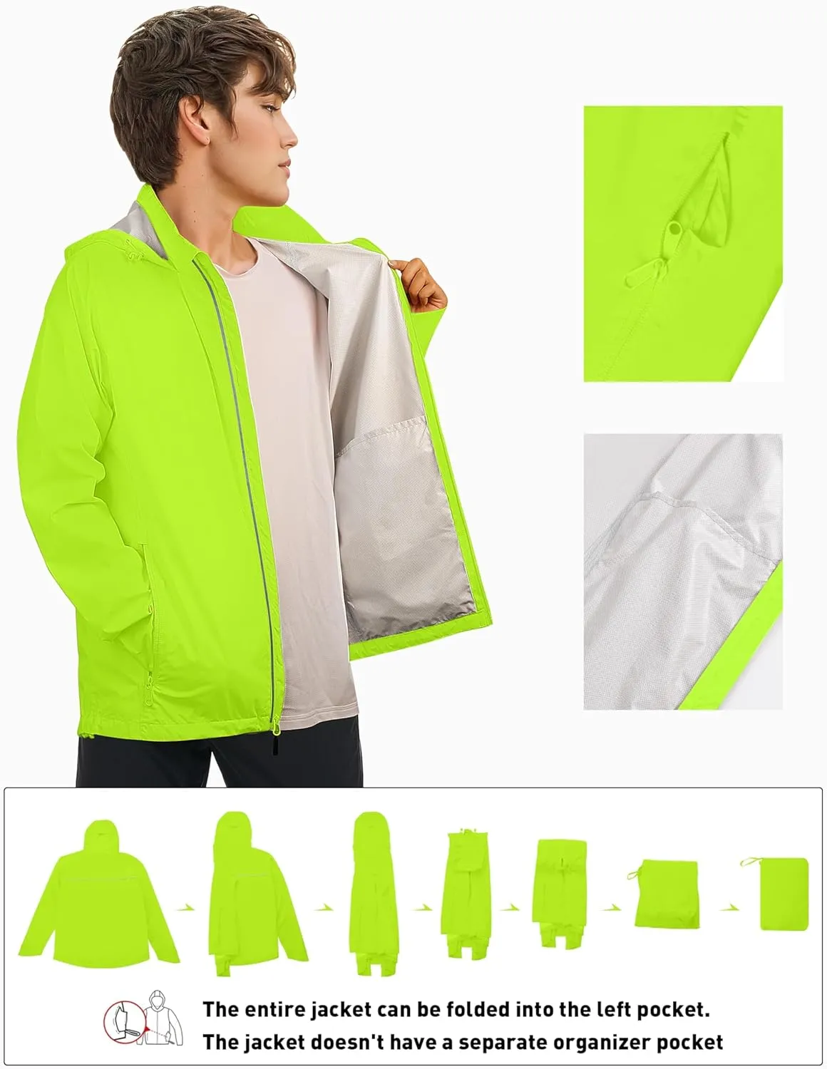 Men's Packable Rain Jackets Lightweight Waterproof Reflective Windbreaker Coat with Hood Cycling Running Golf