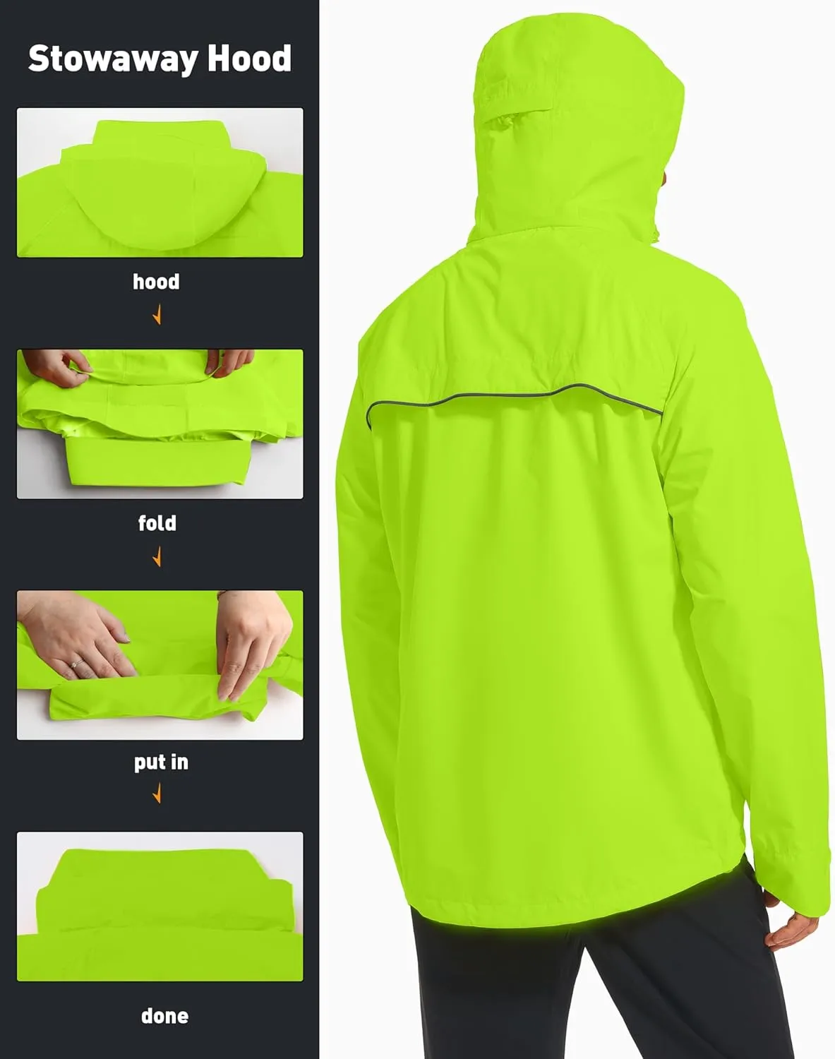 Men's Packable Rain Jackets Lightweight Waterproof Reflective Windbreaker Coat with Hood Cycling Running Golf