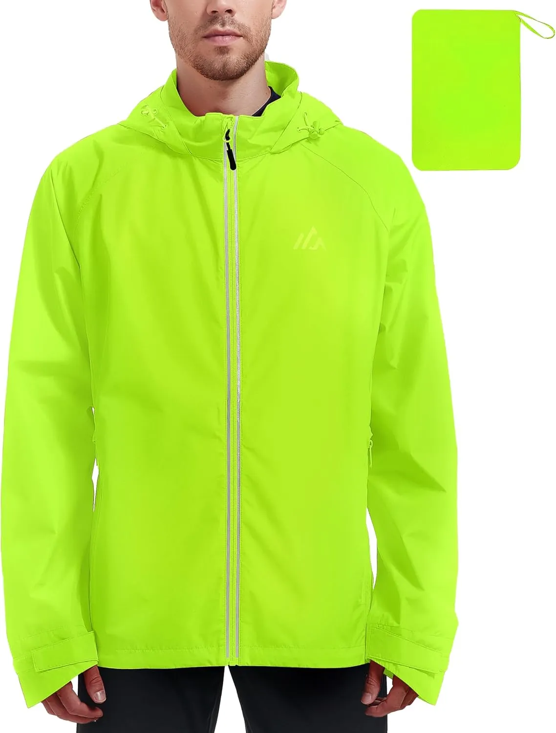 Men's Packable Rain Jackets Lightweight Waterproof Reflective Windbreaker Coat with Hood Cycling Running Golf
