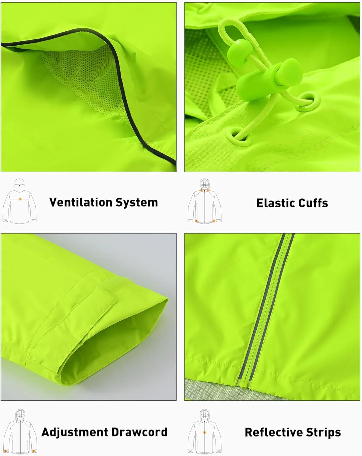 Men's Packable Rain Jackets Lightweight Waterproof Reflective Windbreaker Coat with Hood Cycling Running Golf