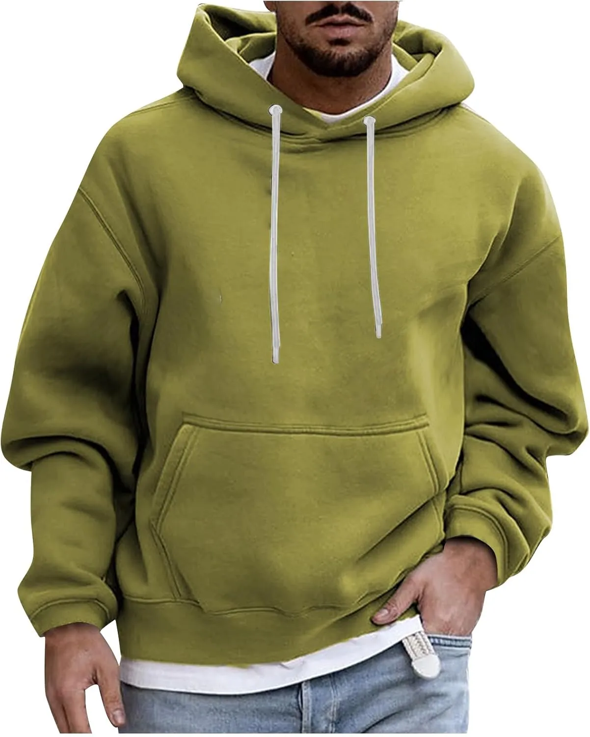 Men's Solid Color Plush Warm Hoodies Fleece Casual Pullover Pocket Autumn Winter Sweatshirt Coat