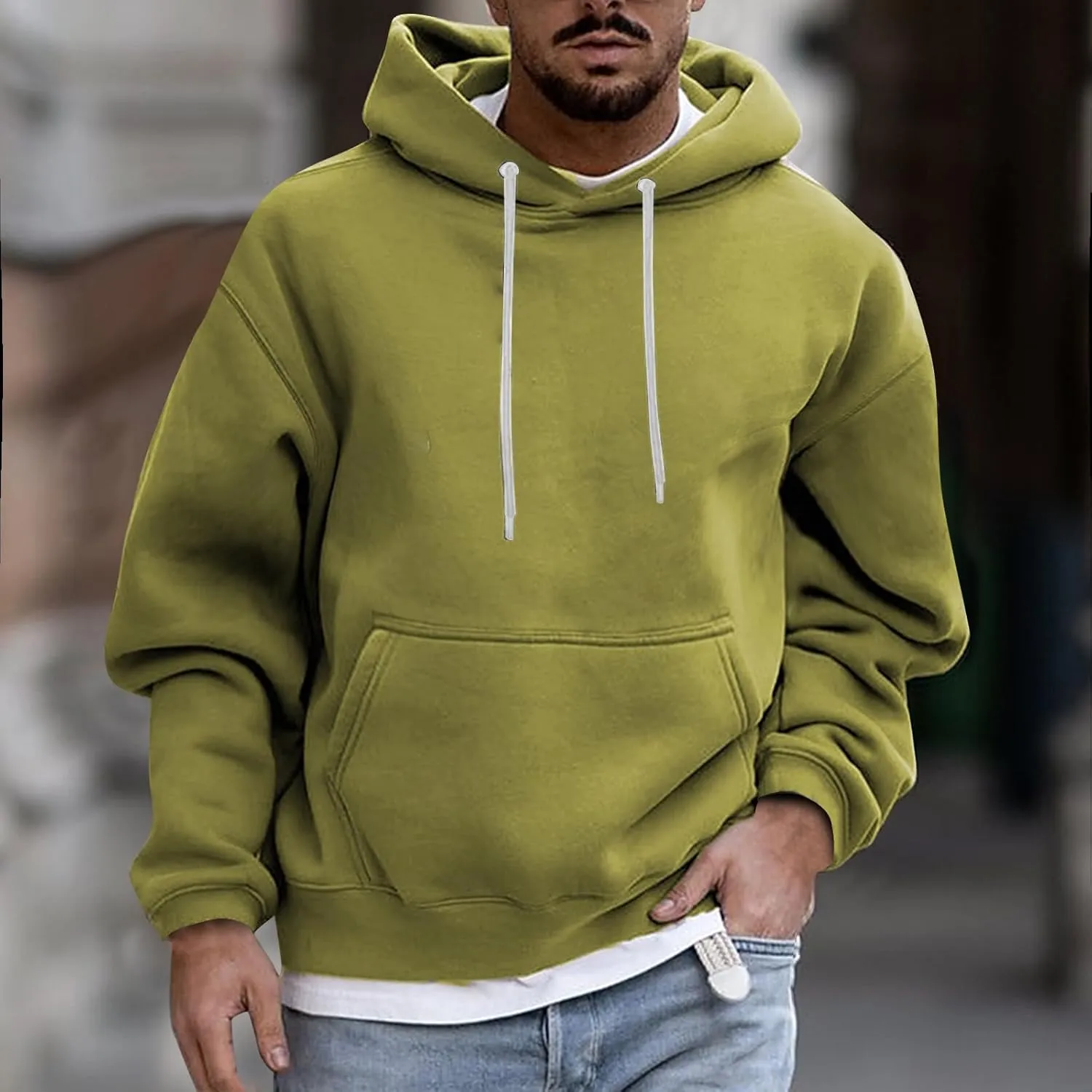Men's Solid Color Plush Warm Hoodies Fleece Casual Pullover Pocket Autumn Winter Sweatshirt Coat