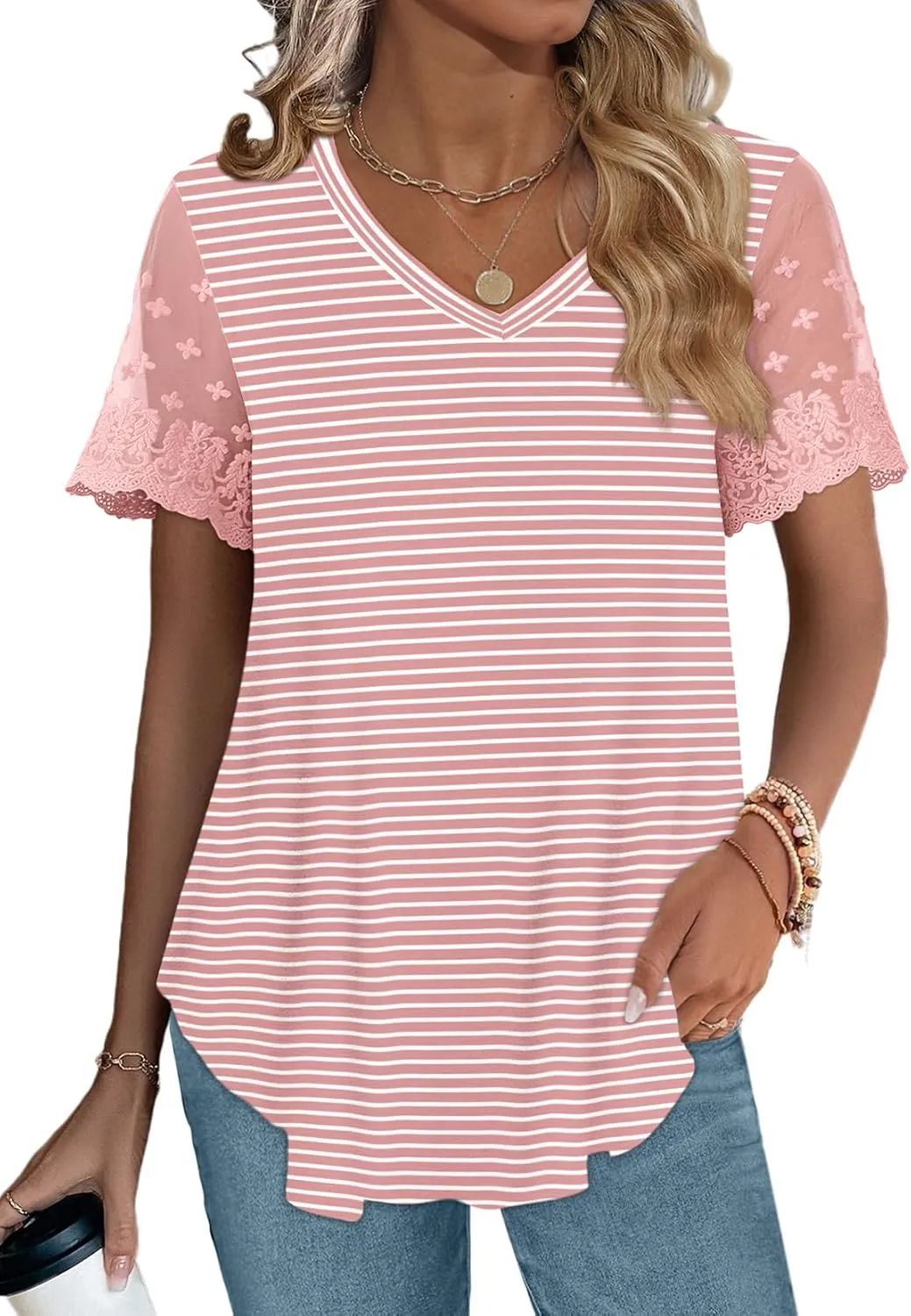 OFEEFAN Casual V Neck T Shirts for Women Lace Short Sleeve Curved Hem Tops Loose Fit
