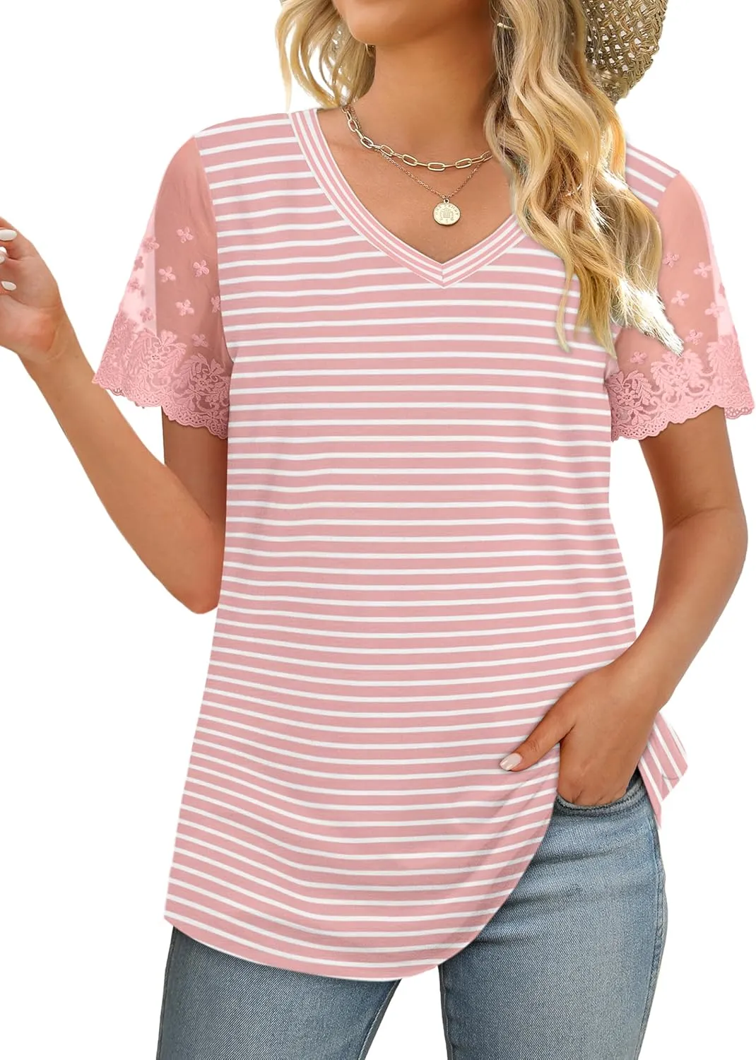 OFEEFAN Casual V Neck T Shirts for Women Lace Short Sleeve Curved Hem Tops Loose Fit