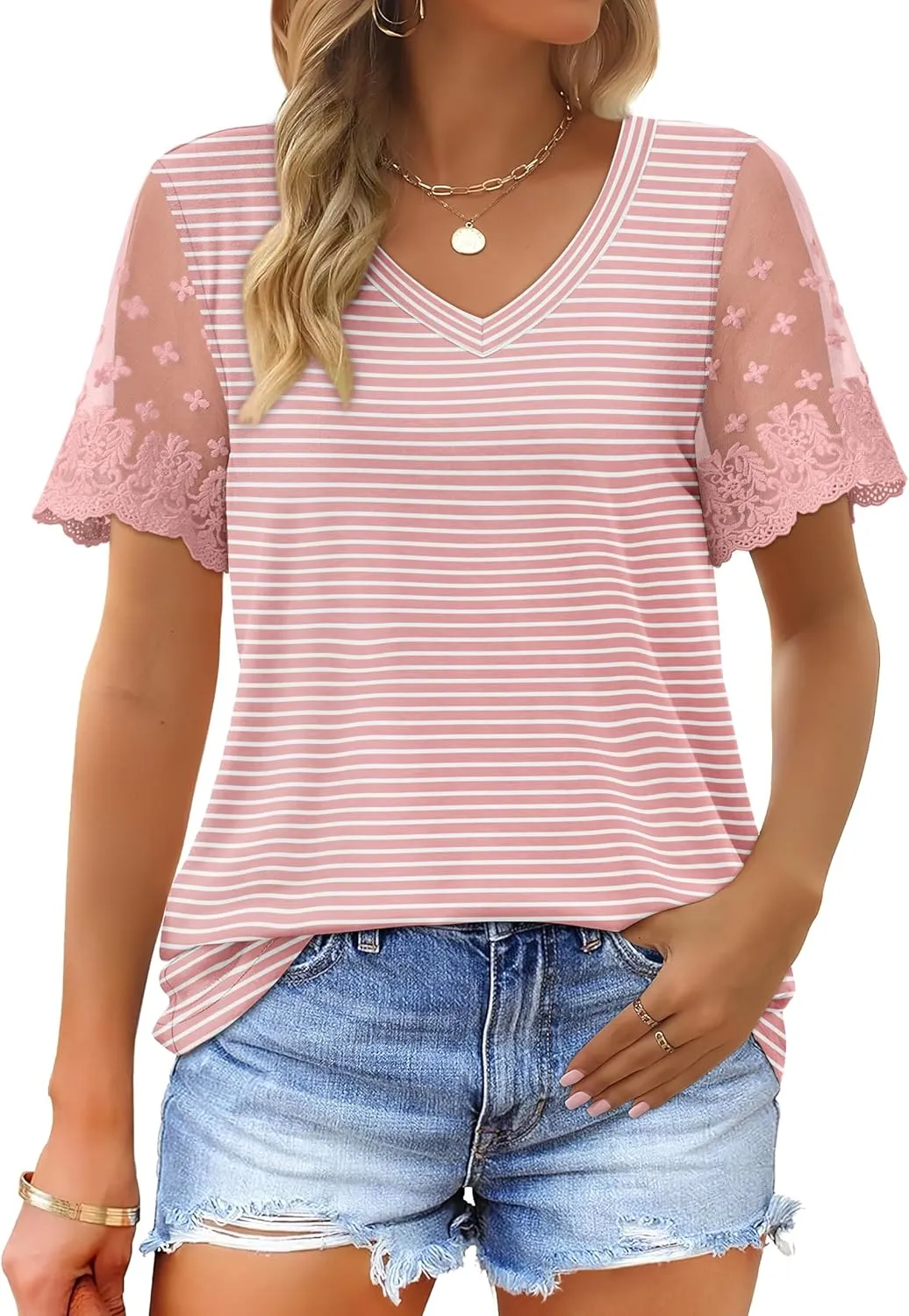OFEEFAN Casual V Neck T Shirts for Women Lace Short Sleeve Curved Hem Tops Loose Fit