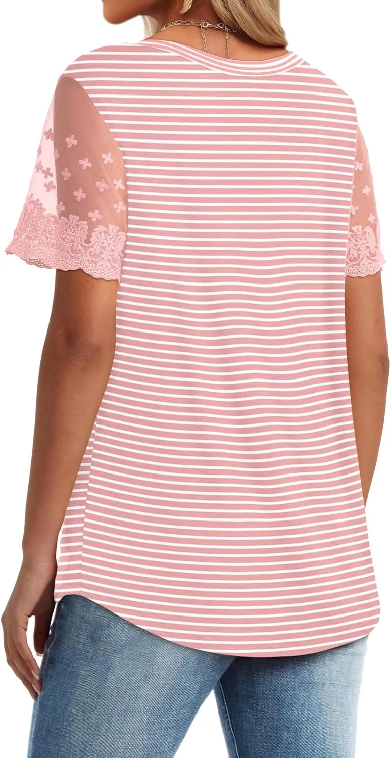 OFEEFAN Casual V Neck T Shirts for Women Lace Short Sleeve Curved Hem Tops Loose Fit