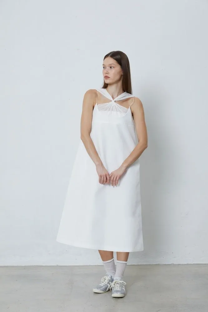 Pintucked Beaded Embroidered Dress in White