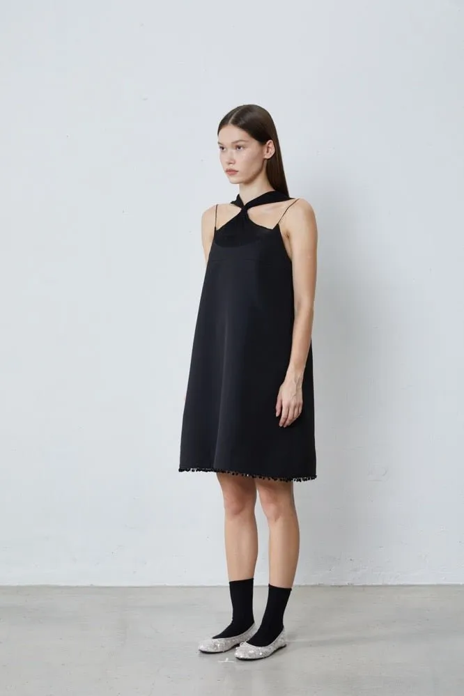 Pintucked Beaded Tie Dress in Black