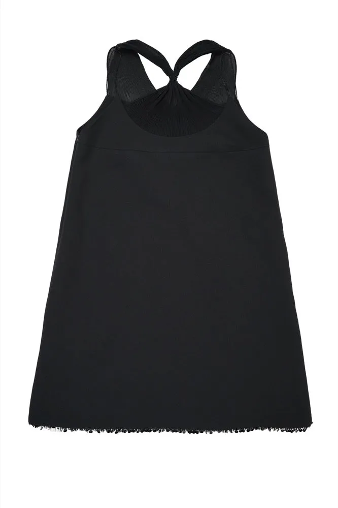 Pintucked Beaded Tie Dress in Black