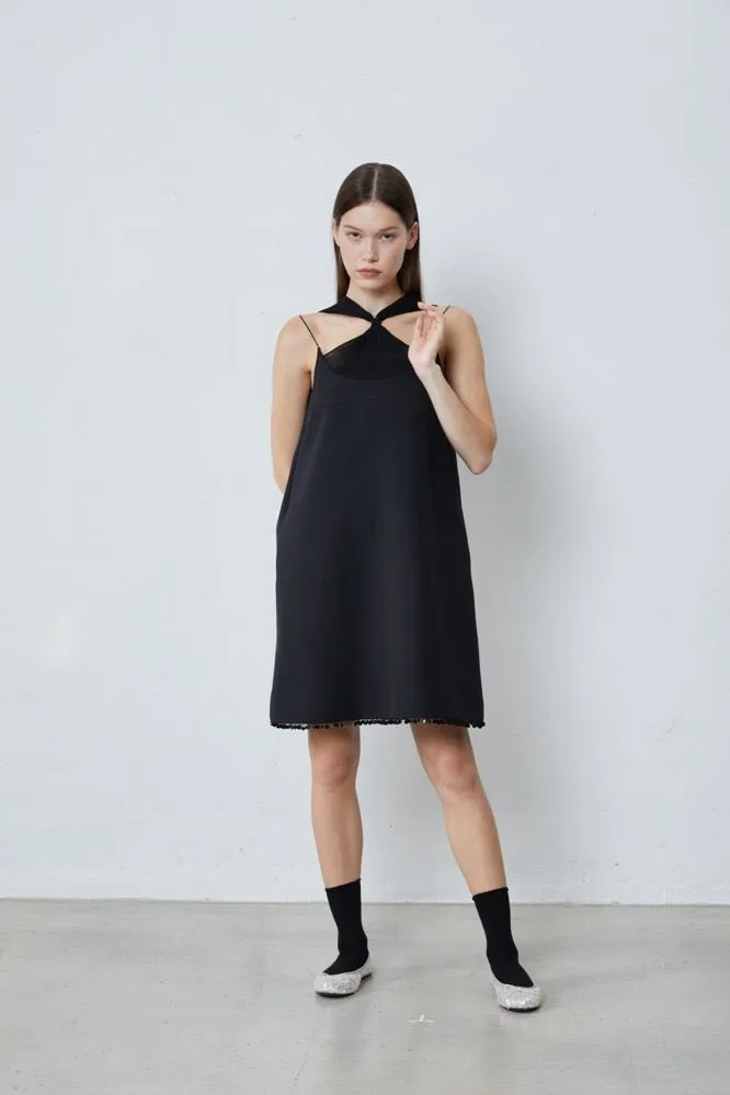 Pintucked Beaded Tie Dress in Black