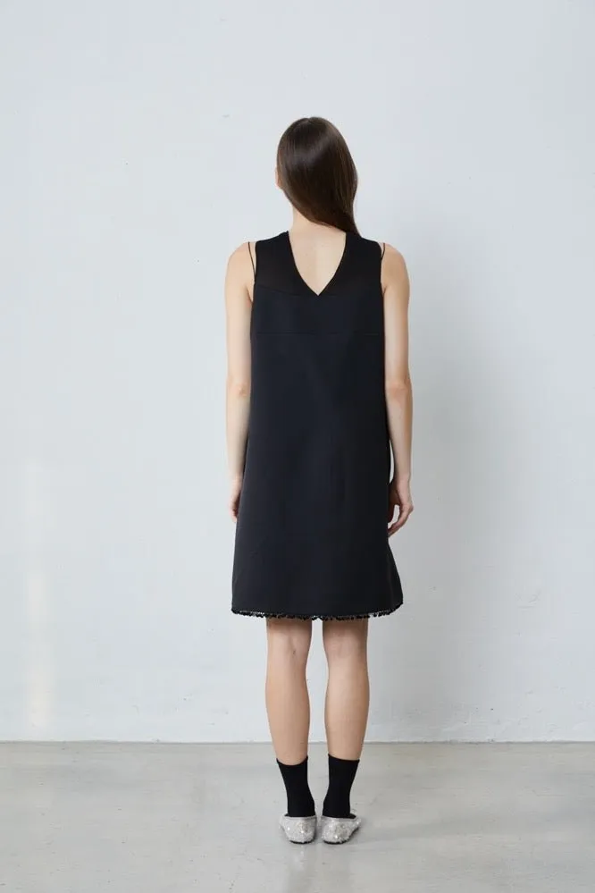 Pintucked Beaded Tie Dress in Black