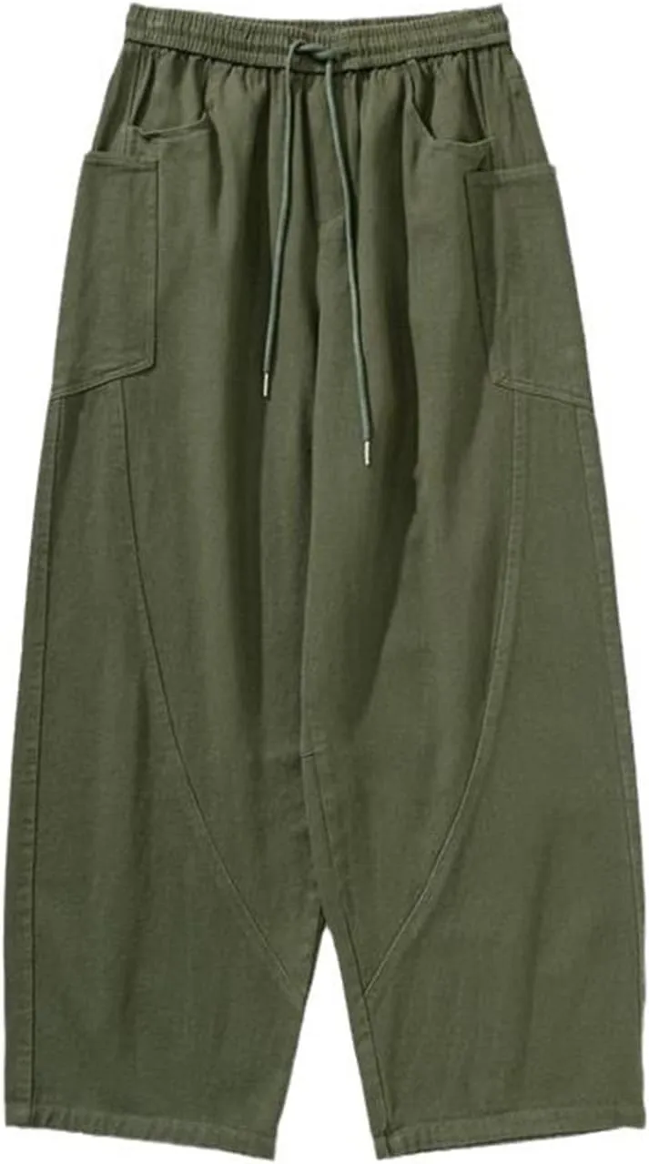 Plus Size Pants for Men Casual Solid Color Loose Wide Leg Pant with Pockets 2025 High Elastic Waist Baggy Trousers