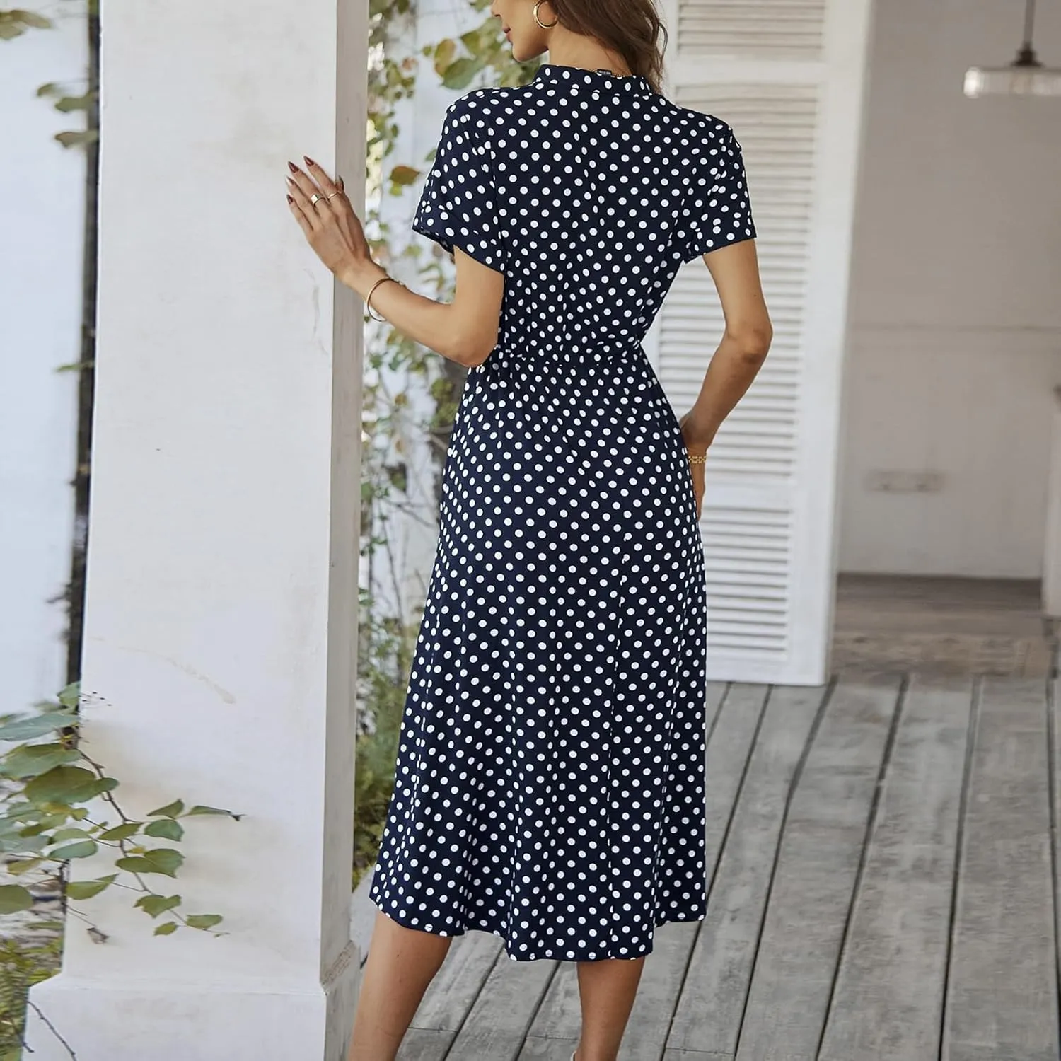 Polka Dot Dress for Women Midi Button Down Dress Short Sleeve V Neck Wedding Guest Dresses Tie Empire Waist Elegant Frocks