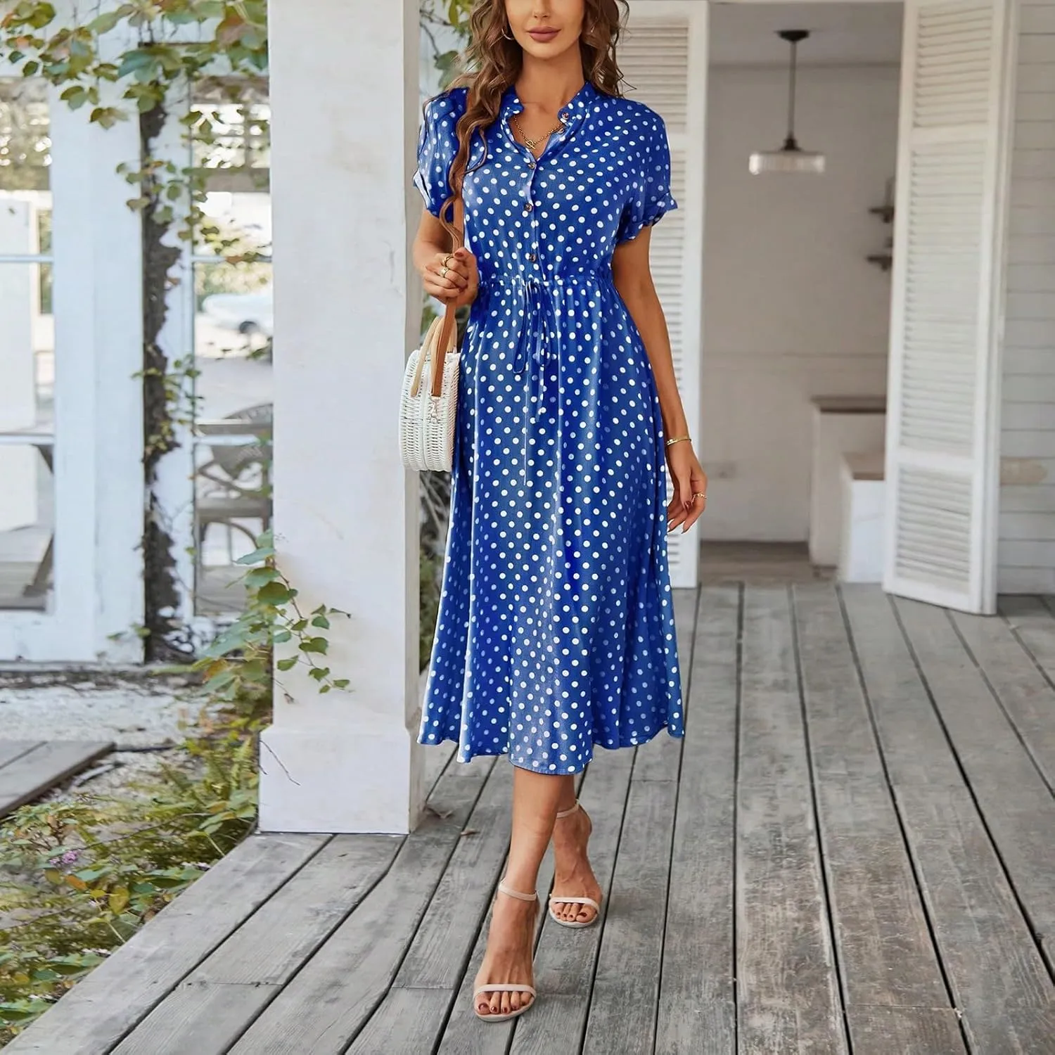 Polka Dot Dress for Women Midi Button Down Dress Short Sleeve V Neck Wedding Guest Dresses Tie Empire Waist Elegant Frocks