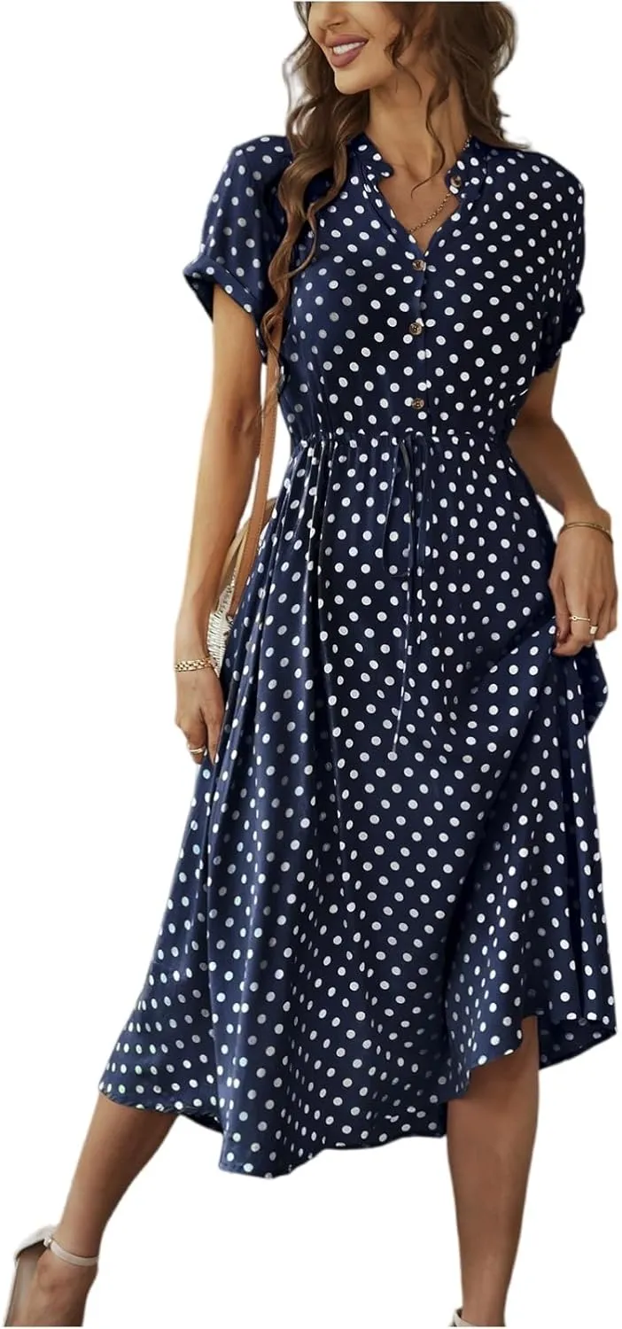 Polka Dot Dress for Women Midi Button Down Dress Short Sleeve V Neck Wedding Guest Dresses Tie Empire Waist Elegant Frocks