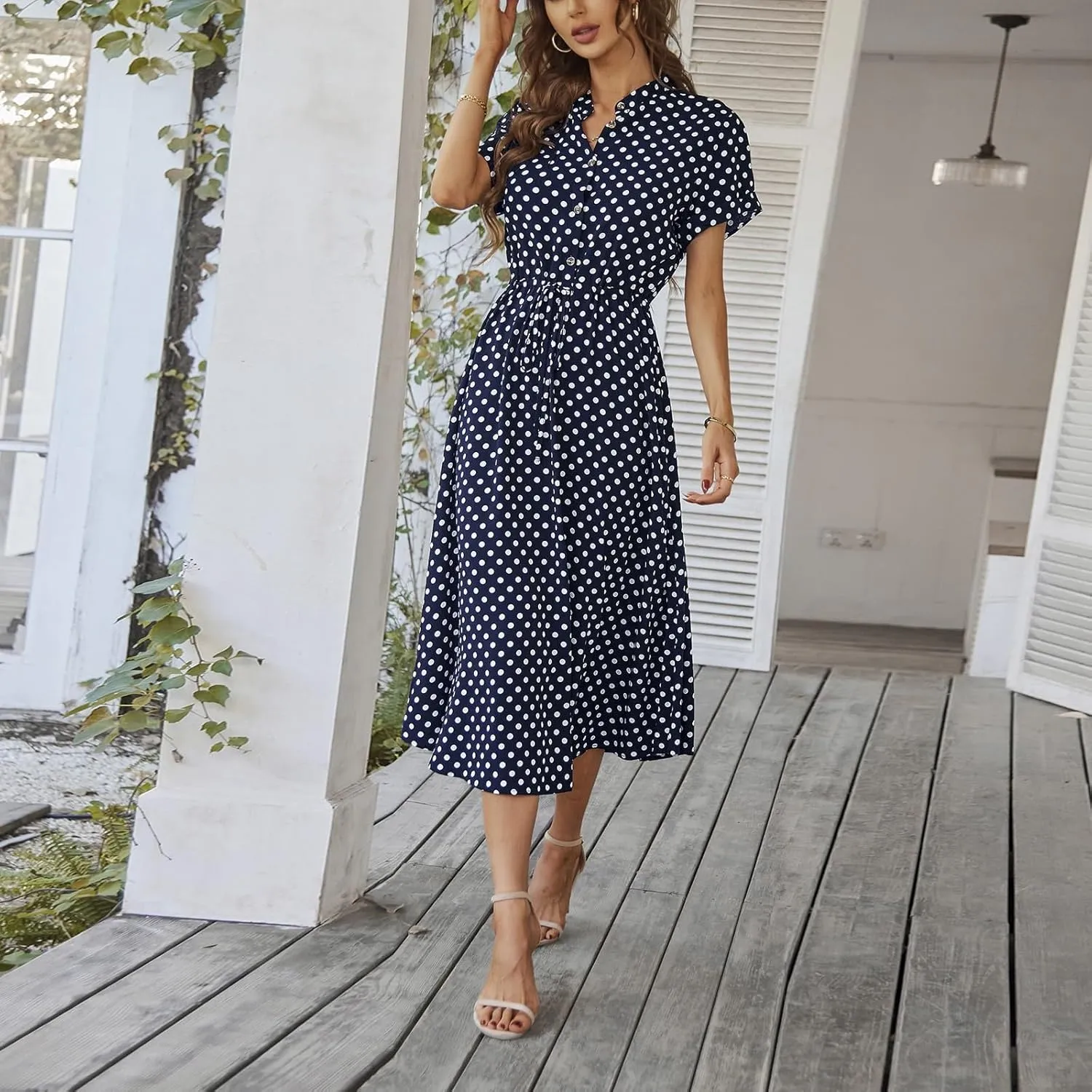 Polka Dot Dress for Women Midi Button Down Dress Short Sleeve V Neck Wedding Guest Dresses Tie Empire Waist Elegant Frocks