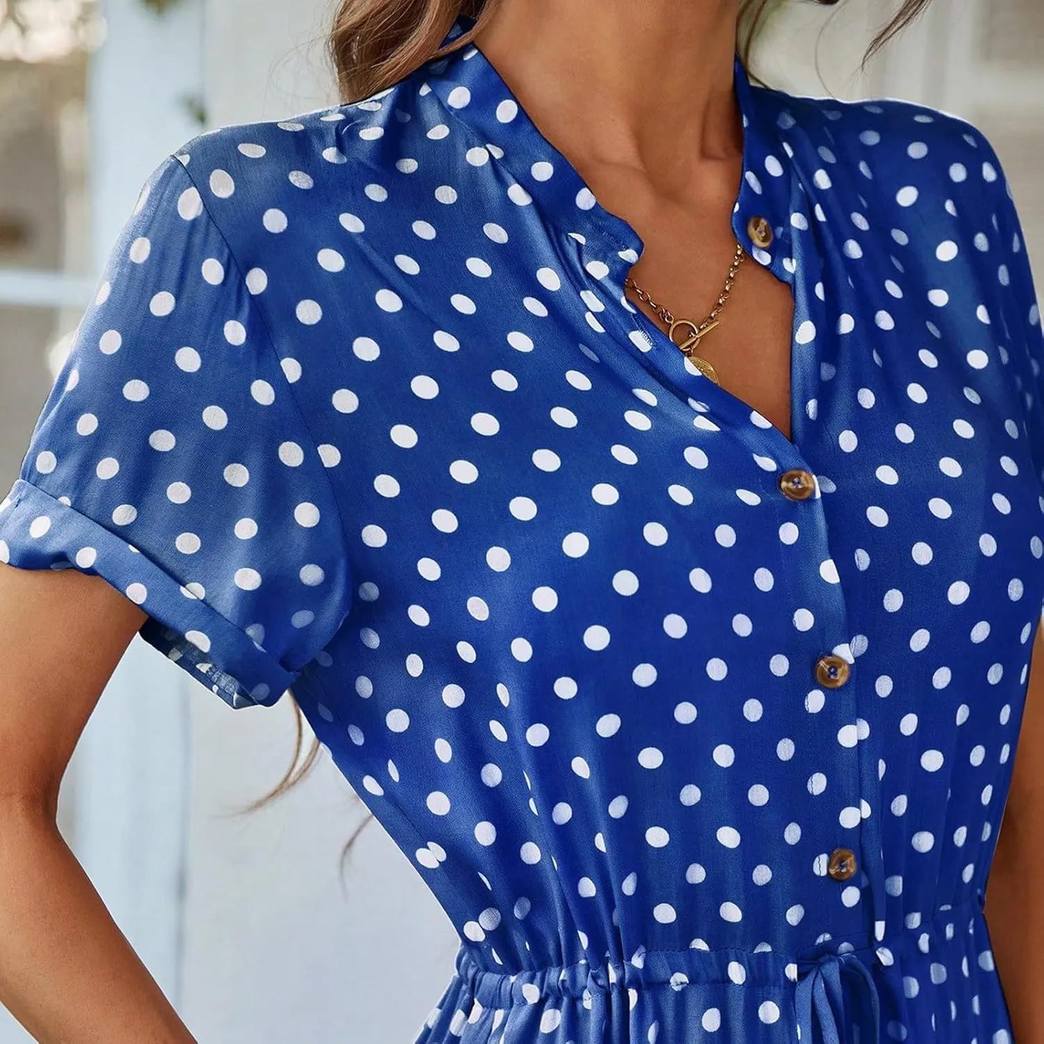Polka Dot Dress for Women Midi Button Down Dress Short Sleeve V Neck Wedding Guest Dresses Tie Empire Waist Elegant Frocks