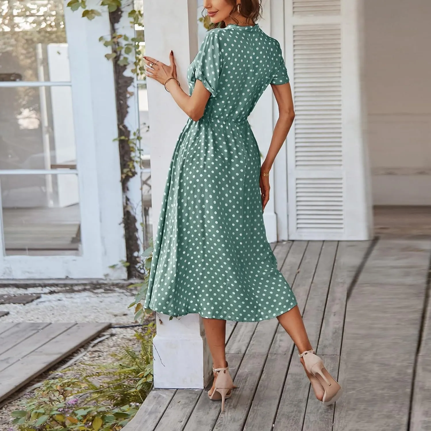 Polka Dot Dress for Women Midi Button Down Dress Short Sleeve V Neck Wedding Guest Dresses Tie Empire Waist Elegant Frocks