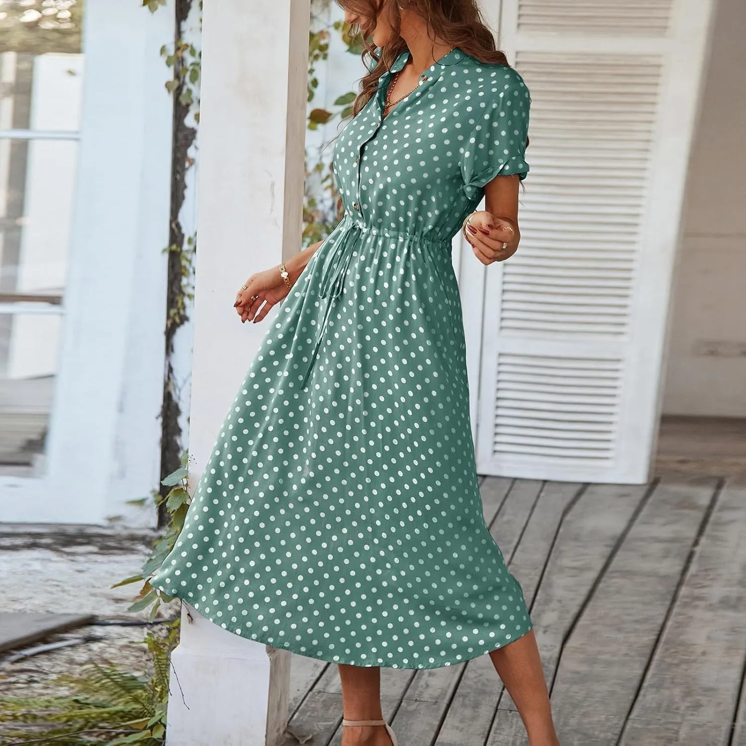 Polka Dot Dress for Women Midi Button Down Dress Short Sleeve V Neck Wedding Guest Dresses Tie Empire Waist Elegant Frocks