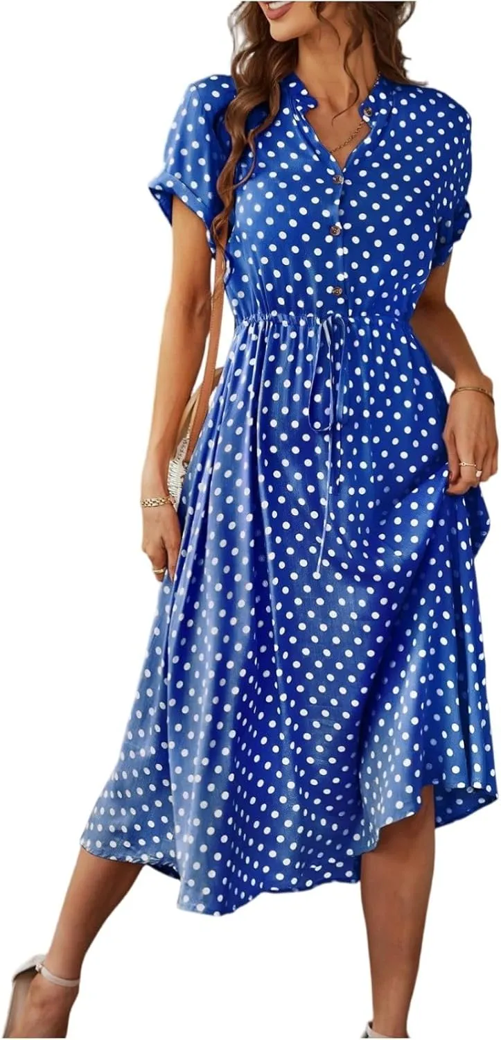 Polka Dot Dress for Women Midi Button Down Dress Short Sleeve V Neck Wedding Guest Dresses Tie Empire Waist Elegant Frocks